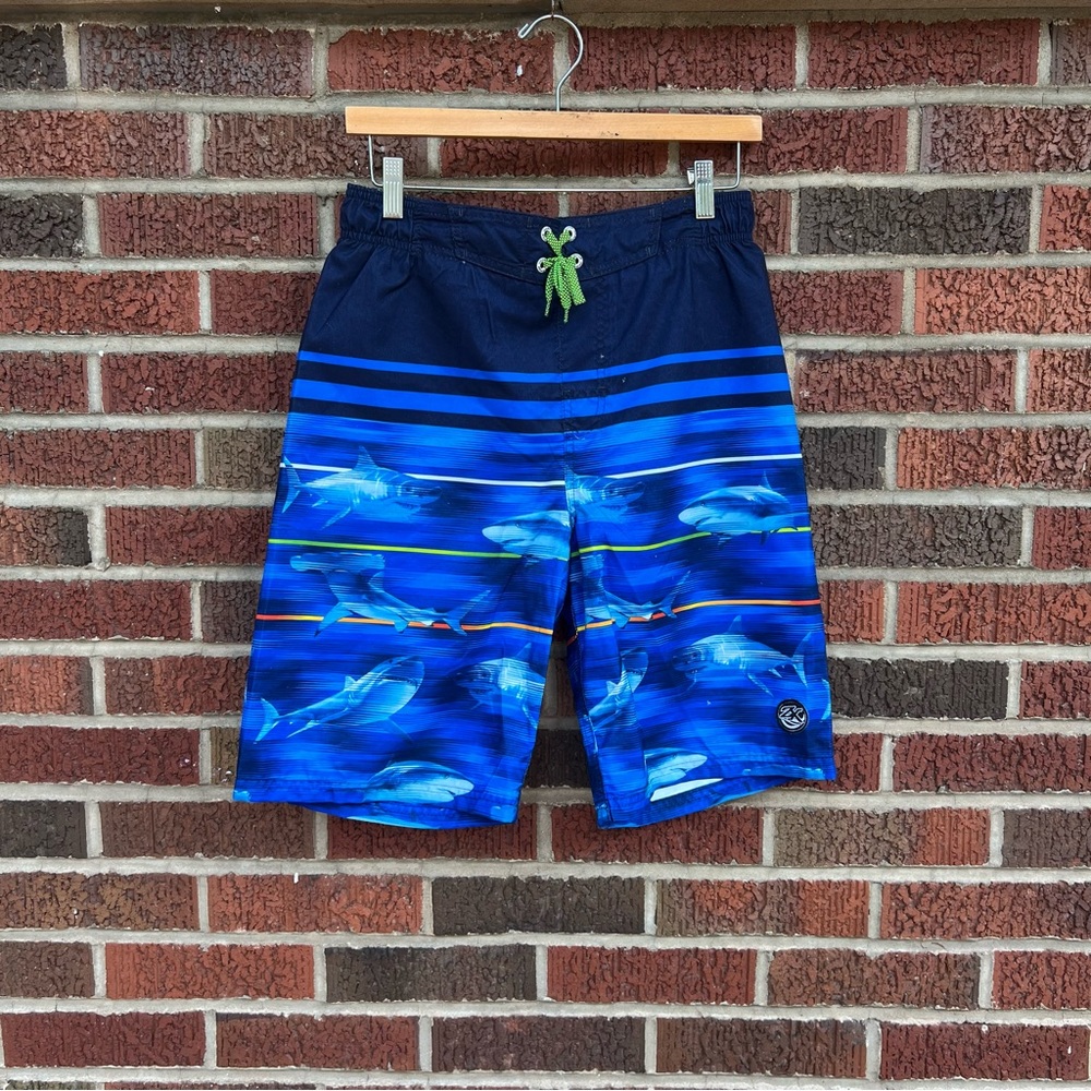 ZeroXposur Navy Blue Shark Print Striped Boy’s Swimming Trunks